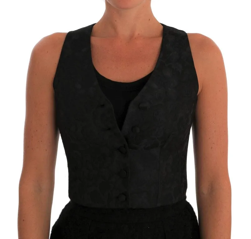 Black Silk Floral Brocade Vest