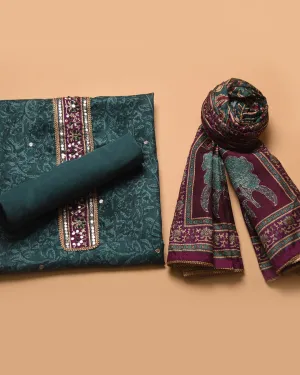 Bluish Green With Turquoise Cotton Silk Blend Printed With Embroidery Unstitched Suit Fabric Set With Silk Blend Dupatta