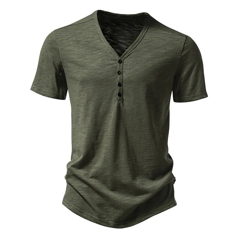 Buttons V-neck Short Sleeves Men T-Shirt