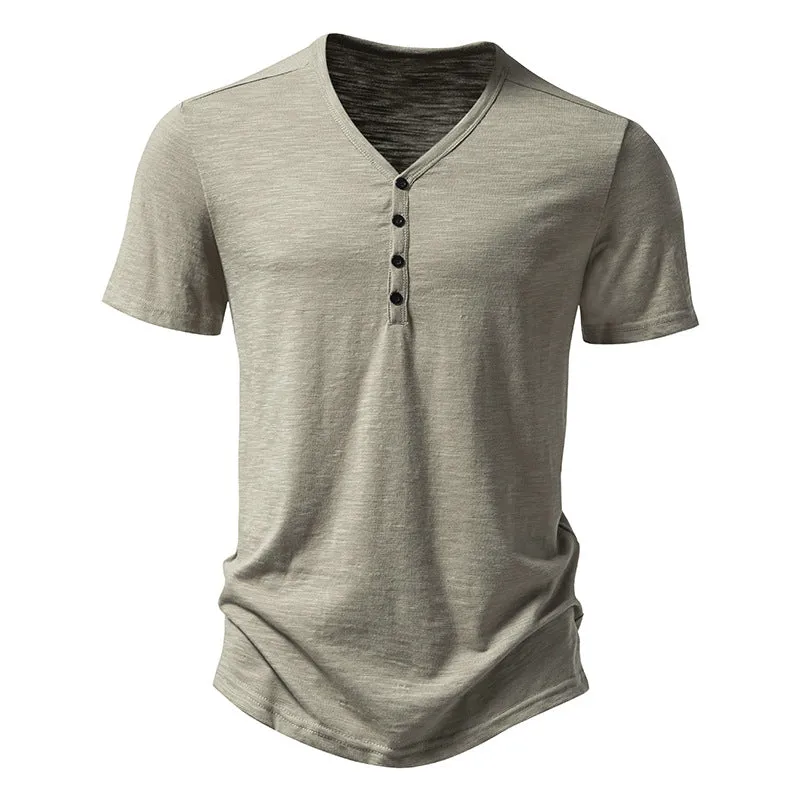 Buttons V-neck Short Sleeves Men T-Shirt