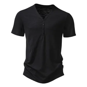 Buttons V-neck Short Sleeves Men T-Shirt
