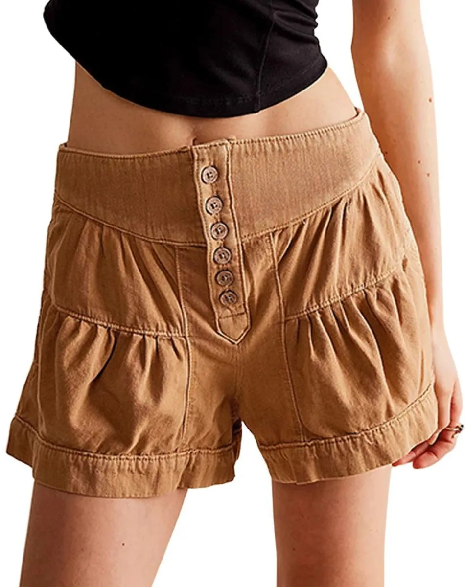 Chouyatou Women's 2025 Denim Shorts Casual Summer High Waisted Wide Leg Buttons Pleated Ruffle Jean Shorts