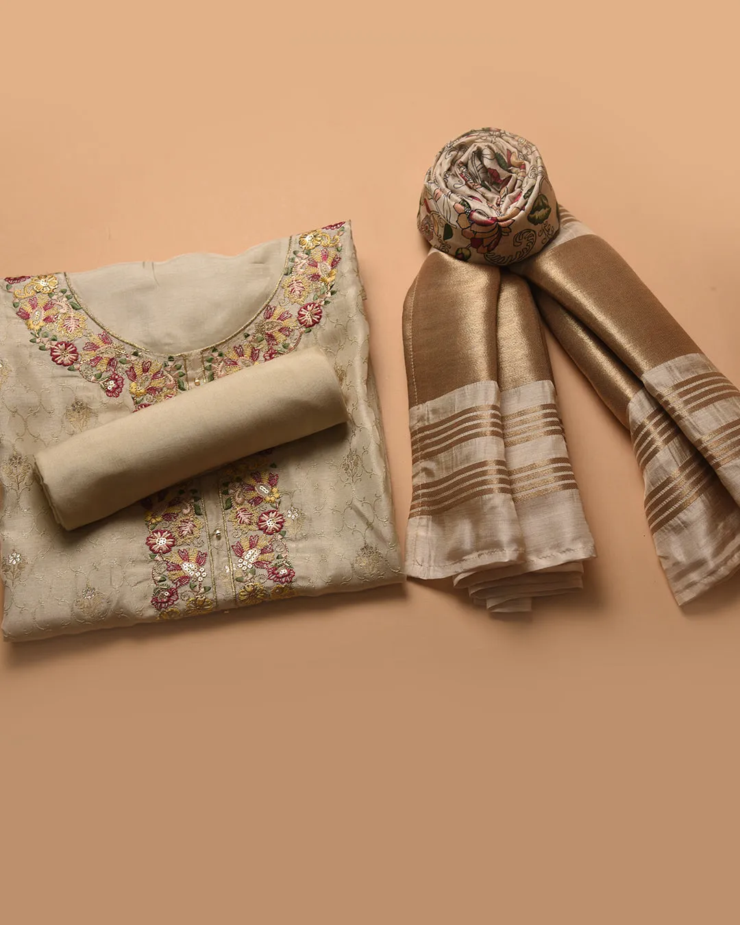 Cream Silk Viscose Blend Woven With Embroidery Unstitched Suit Fabric Set With Silk Viscose Dupatta