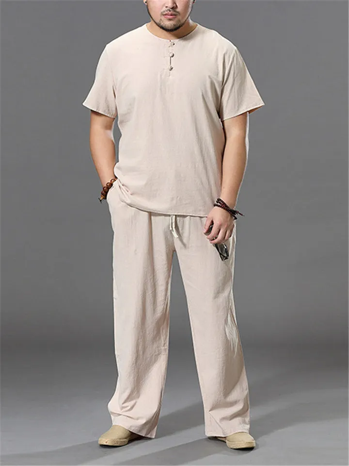 Men's Casual Loose Plus Size Cotton Linen Sets Short-Sleeved T-Shirt   Trousers