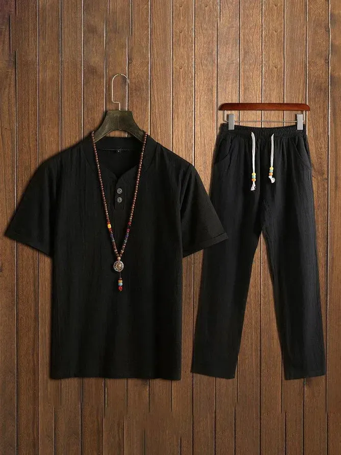 Men's Comfy Cotton Linen Sets Short-sleeved T-shirt   Trousers