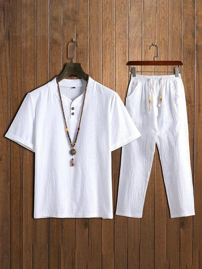 Men's Comfy Cotton Linen Sets Short-sleeved T-shirt   Trousers