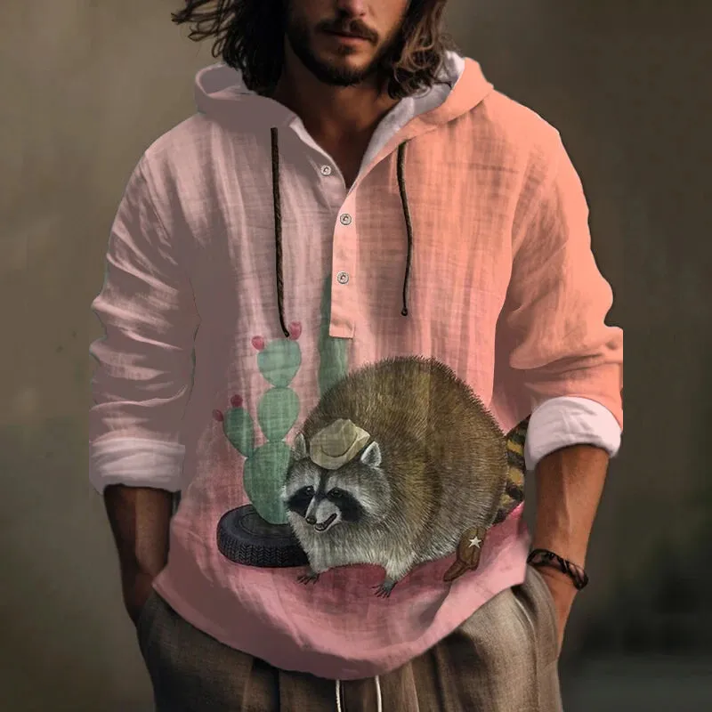 Men's Funny Screaming Raccoon Western Art Print Hooded Shirt