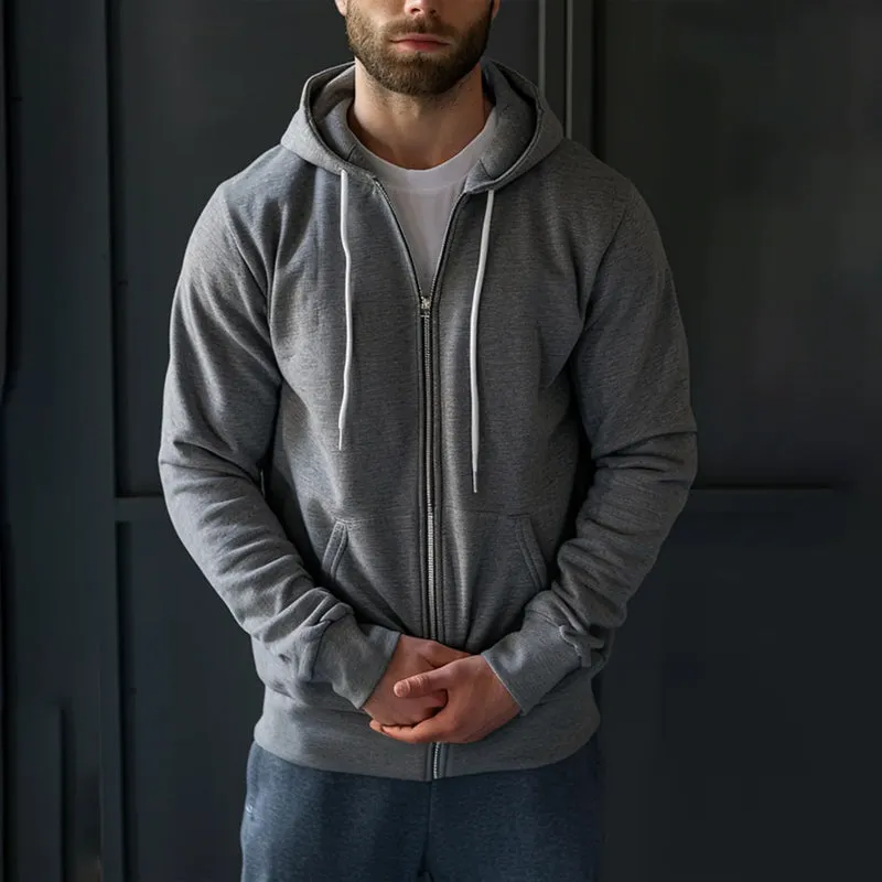 Men's Solid Color Simple Casual Zip-Up Hoodie