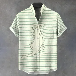 Men's Stand Collar Stripe Cat Printed Short Sleeve Shirt
