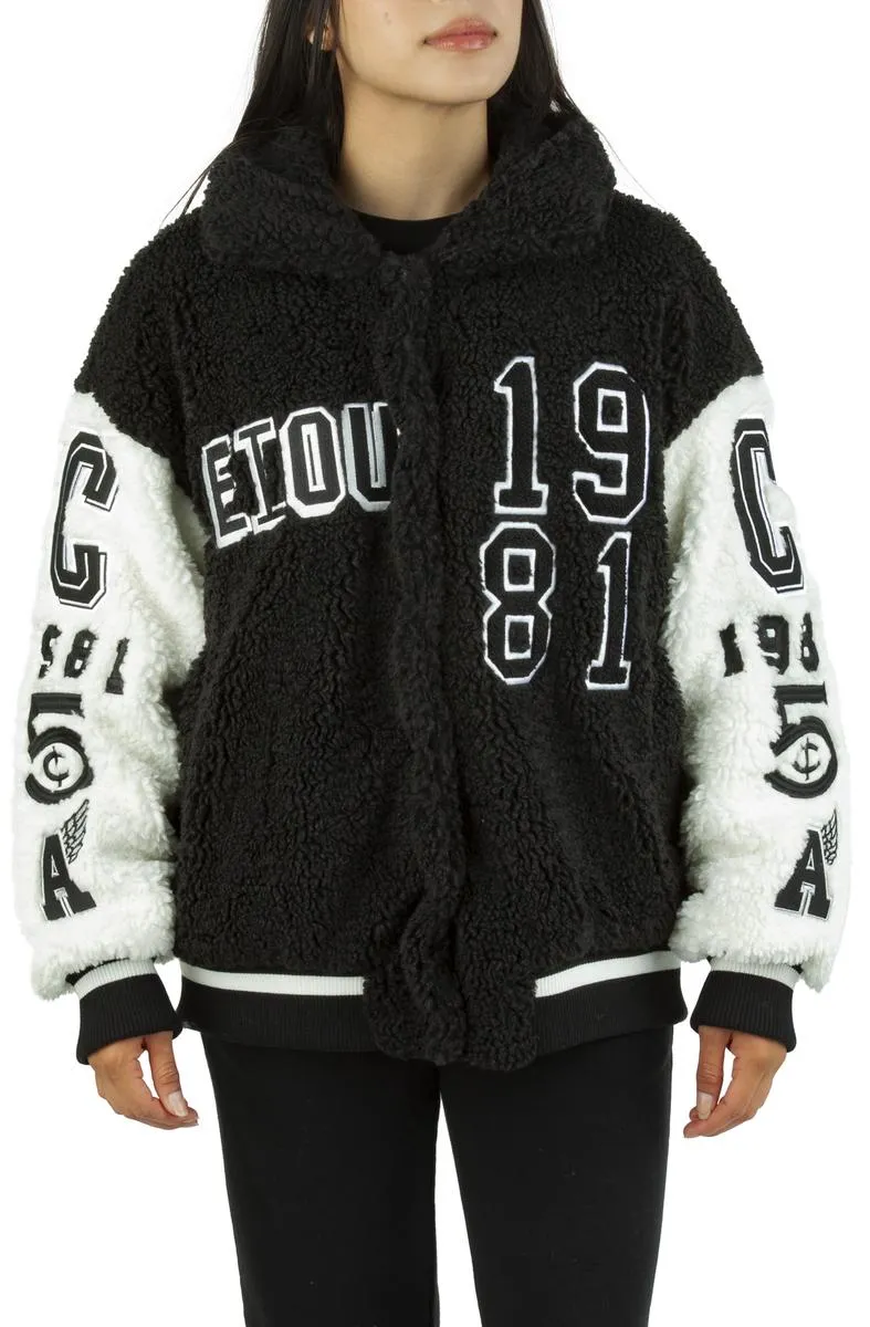 Pick A Vowel Oversized Teddy Varsity Jacket
