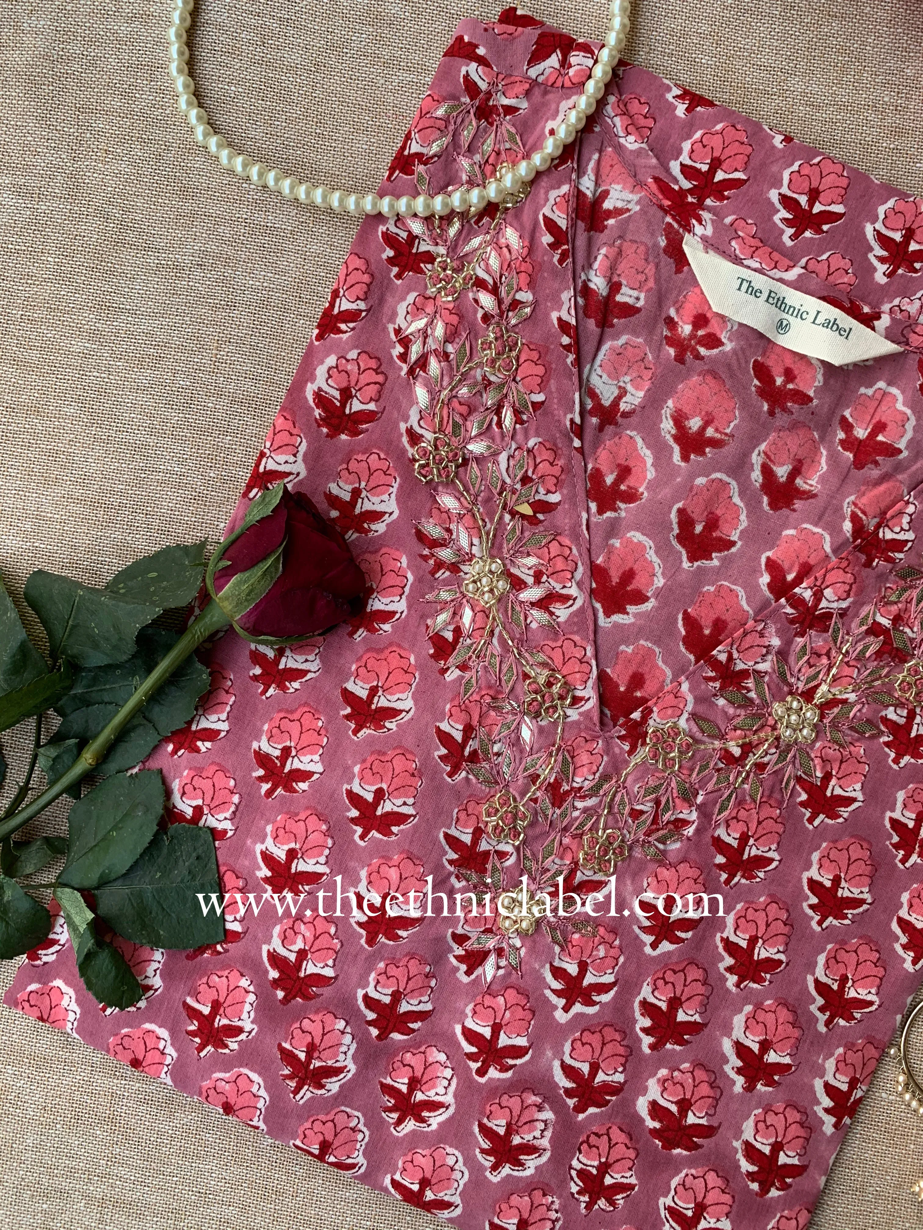 "Lalita" Hand Embroidered Block Printed Cotton kurta