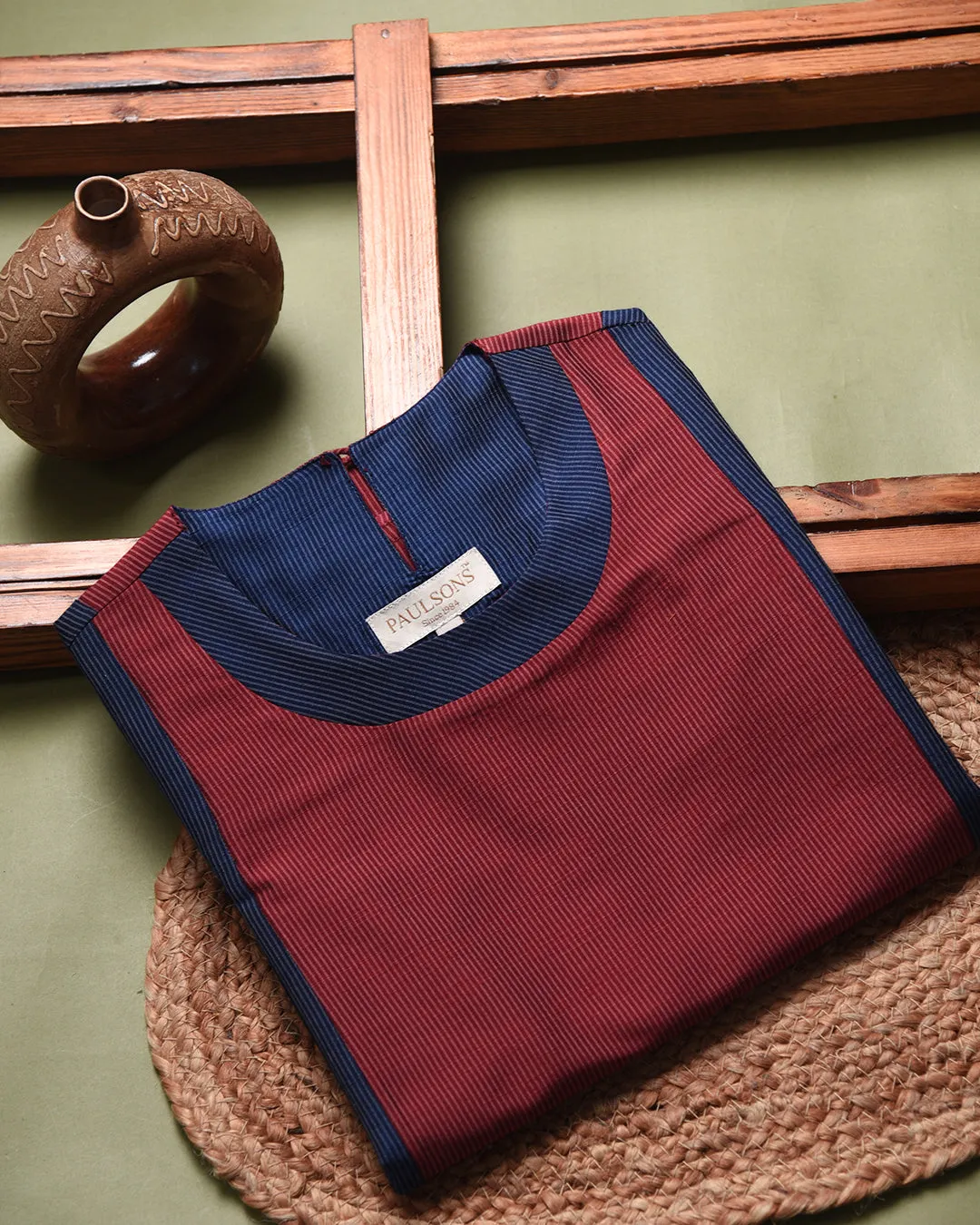 Red and Blue Cotton Silk Blend Woven Ready-To-Wear A-line Kurta Set With Cullottes