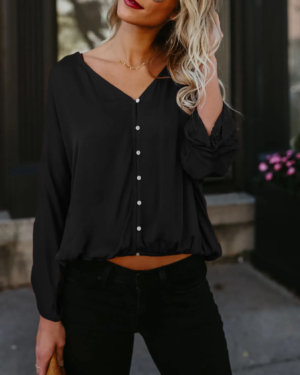 Sexy V-neck Simple Solid Color Single-breasted Long-sleeved Shirt T-shirt