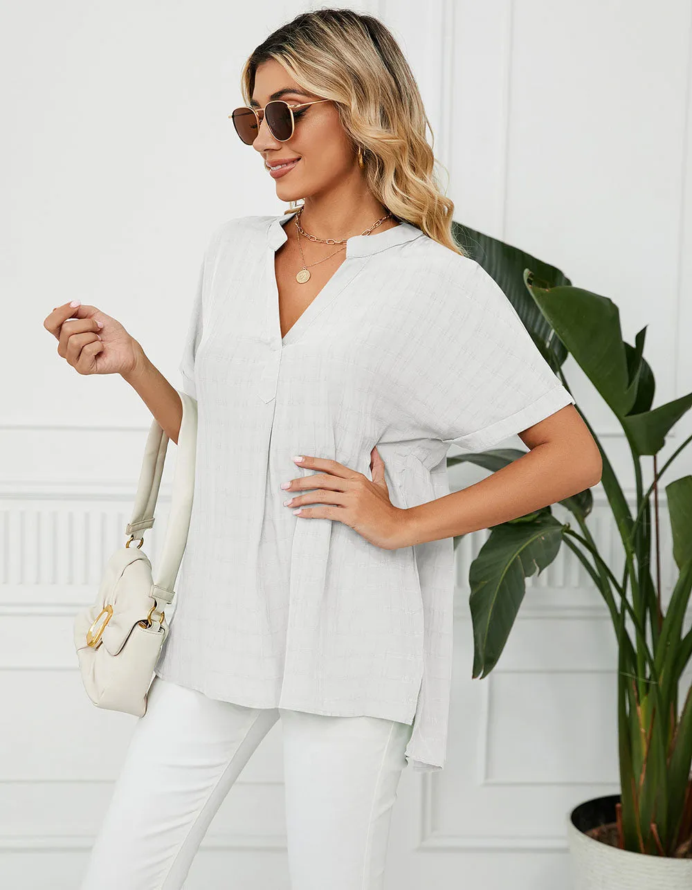 Solid-color Short Sleeve V Neck Loose Shirt